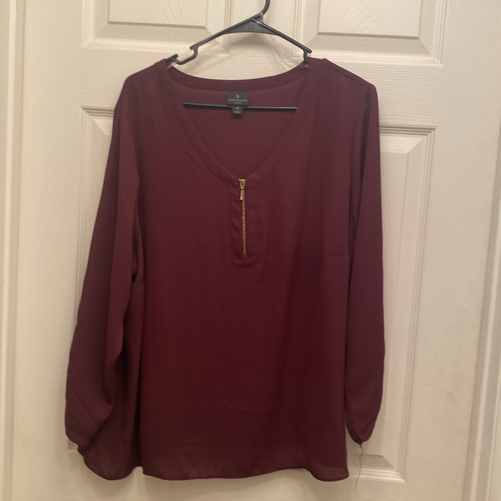 Worthington Burgundy Zip-Front V-Neck Blouse